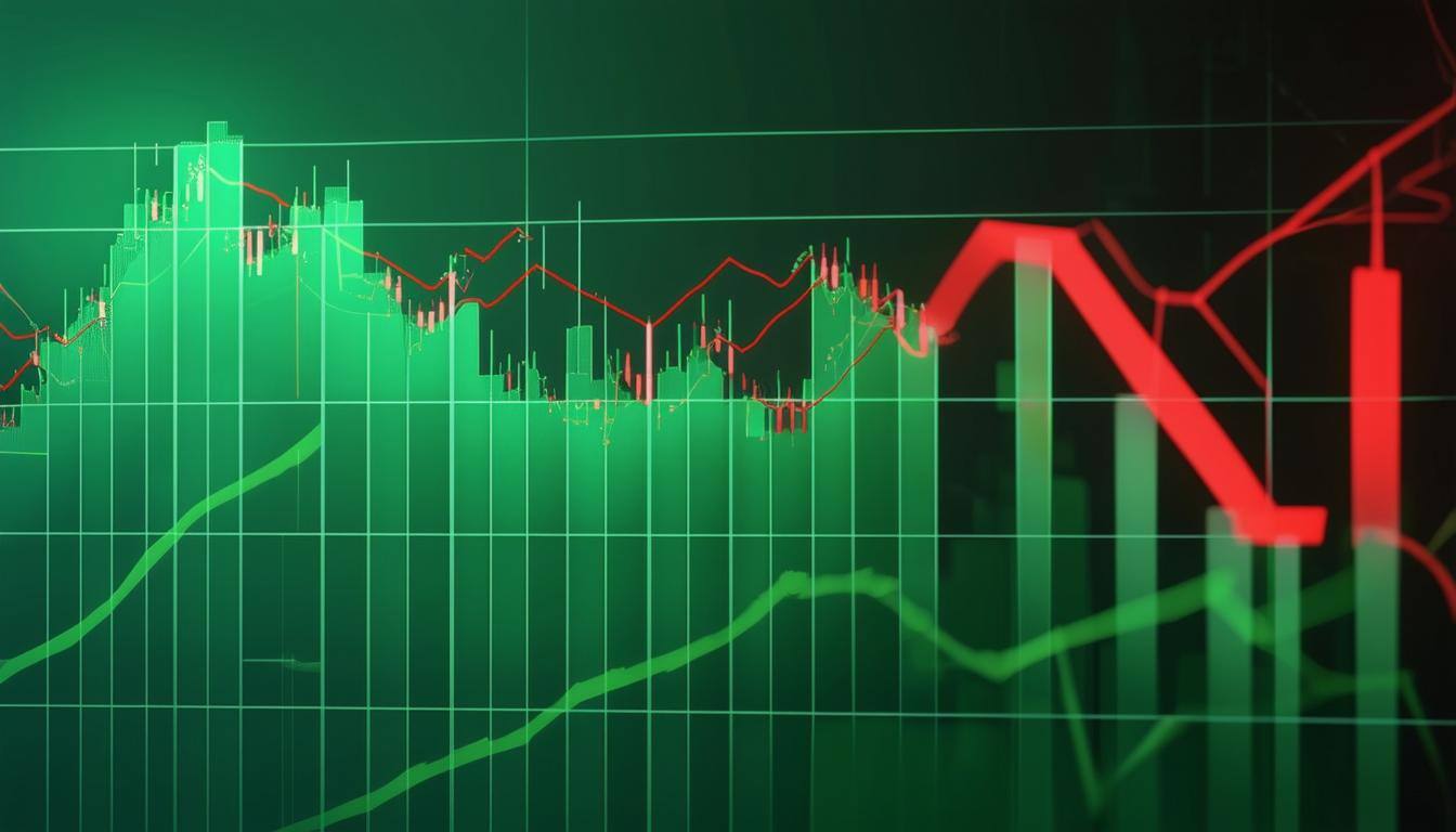 An image of a financial chart depicting an increasing line in green and a decreasing line in red