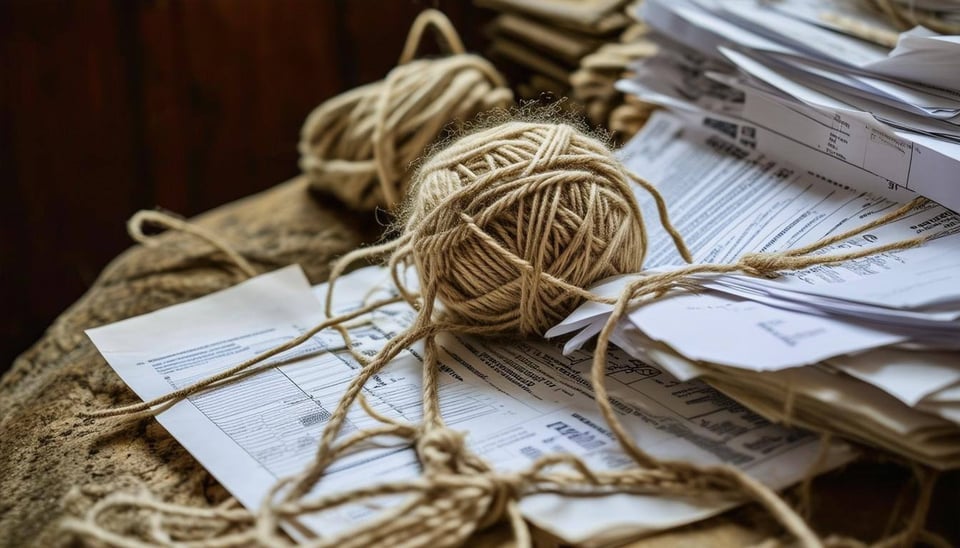 An image of fee documents tied to a tangled ball of yarn